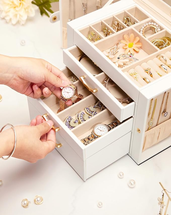Enthralite Jewelry Box with 3 Drawers: Display Organizer for Earrings Necklaces - Gift for Girls Women (White)