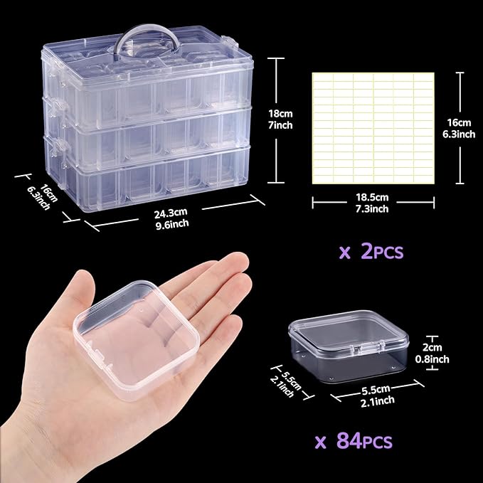Bead Organizer Box, 84pcs Small Plastic Containers with Lids and Labels, 3-Tier Stackable Storage Box, Mini Clear Bead Storag