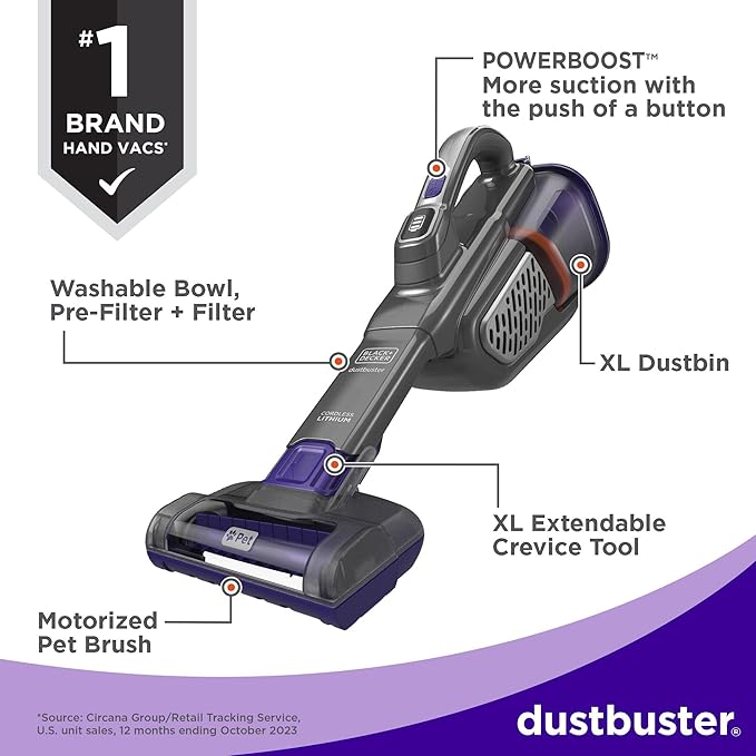 BLACK+DECKER dust buster Handheld Vacuum Cordless, Pet Hair Vacuum, Portable for Home and Car with Pet Brush, Rechargeable, P