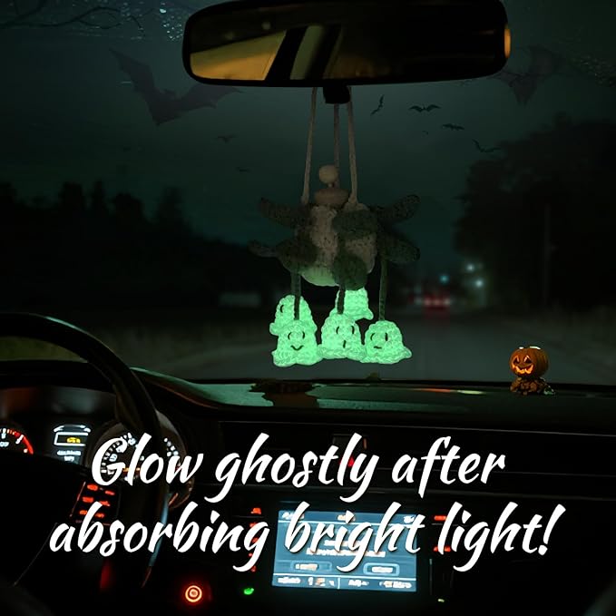 Crochet Glowing Ghost Car Air Freshener, Halloween Car Decor, 15ml Refillable Oil Diffuser Bottle with Hanging Crochet Decor 