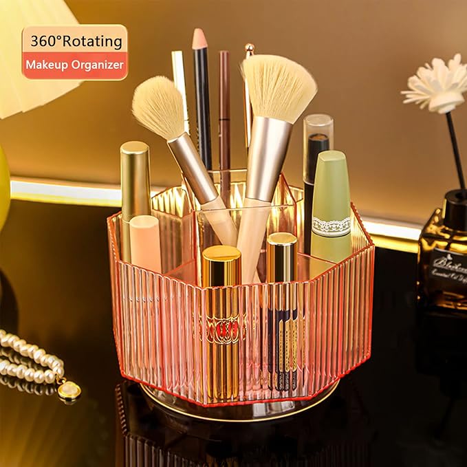 LINFIDITE 360°Rotating Makeup Brush Holder Cosmetic Display Case Clear Makeup Lip Gloss Organizer Case with 5 Slots Round Tur