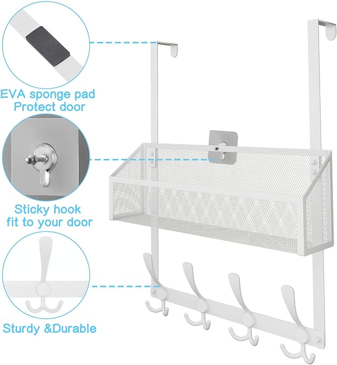 Kaiferty Over The Door Hooks Organizer, Coat Rack Over The Door Storage Hanger Towel Rack, Back of Door Storage Organizer for