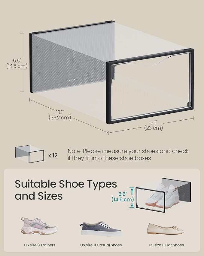 SONGMICS Shoe Boxes, Shoe Storage Organizers Rack for Closet, Plastic Stackable Sneaker Containers Case, 12 Pack, Transparent