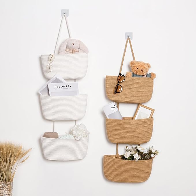 ANTIS'S HOME Over The Door Organizer Hanging Basket, 3-Tier Woven Cotton Wall-Mounted Nursery Storage Organizer Bag Boho Deco