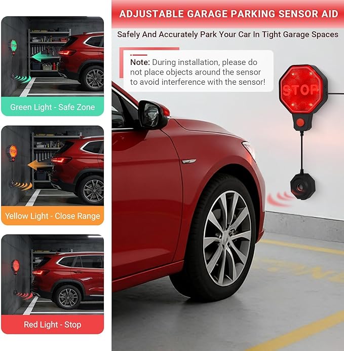 Garage Parking Sensor, Adjustable Garage Car Stop Indicator with Red/Yellow/Green LED Display, Set Stop Distance 6"–6 Ft, Bat