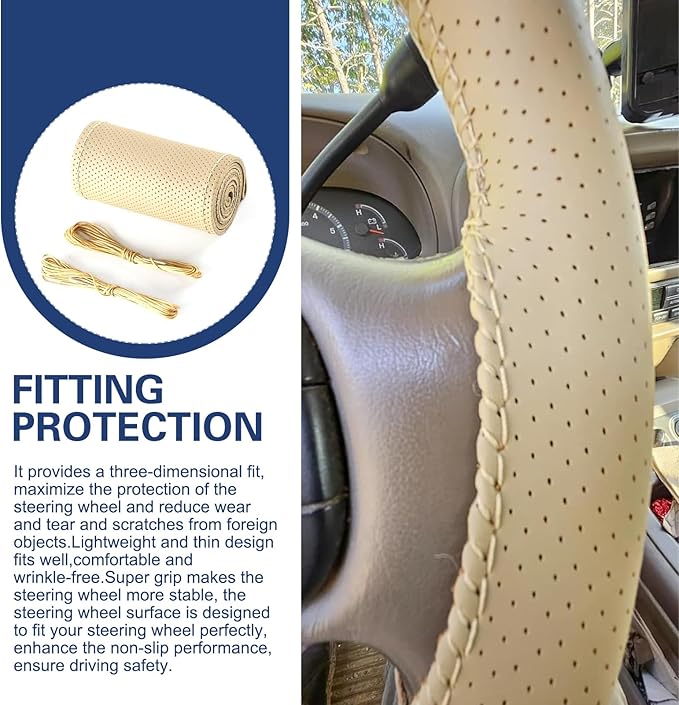 WZP Genuine Leather Steering Wheel Cover, 15 Inch DIY Stitch On Steering Wheel Wrap, Breathable Non-Slip Cover with Needles T