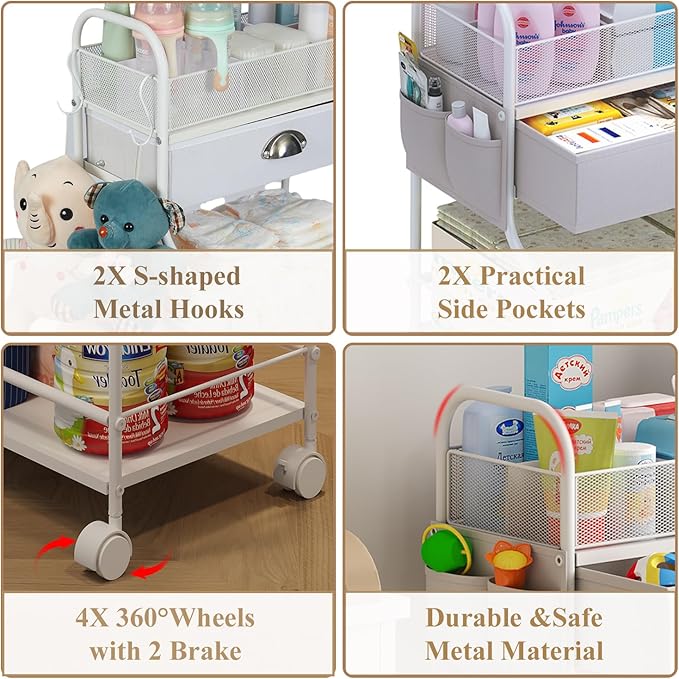 Baby Diaper Caddy Cart Organizer -3 Tier, Bedside Nursery Essentials Organizer & Storage Holder for Newborn Baby Stuff, 2+1 D