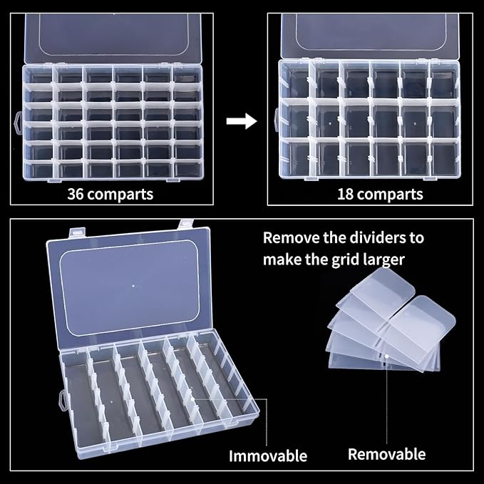 OUTUXED 2 Pack 36 Grids Clear Plastic Bead Organizer Box, Fishing Tackle Box Compartment Organizer with Adjustable Dividers f