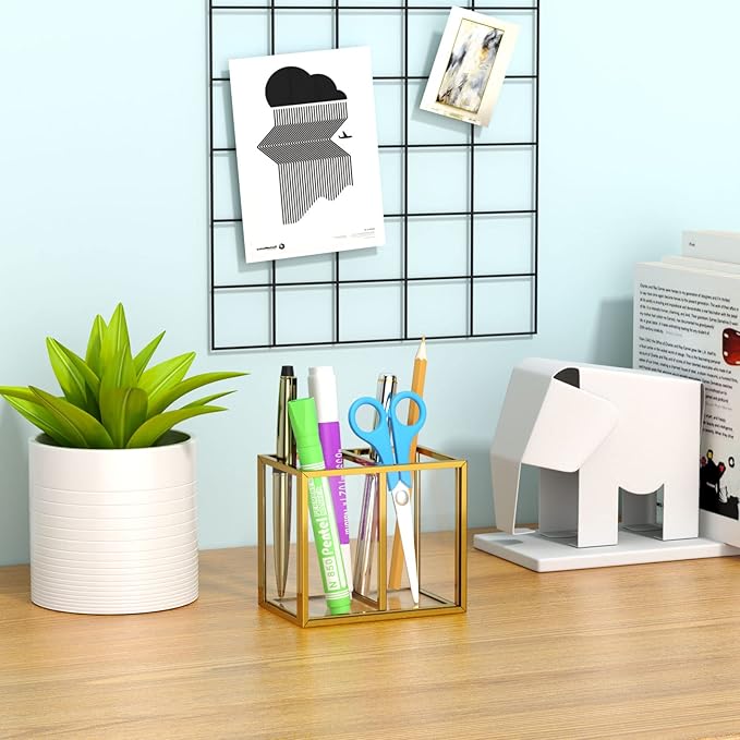 NIUBEE Gold Acrylic Pen Holder for Desk, Clear Pencil Cup Organizer Makeup Brush Holder, Acrylic Desk Organizers and Accessor