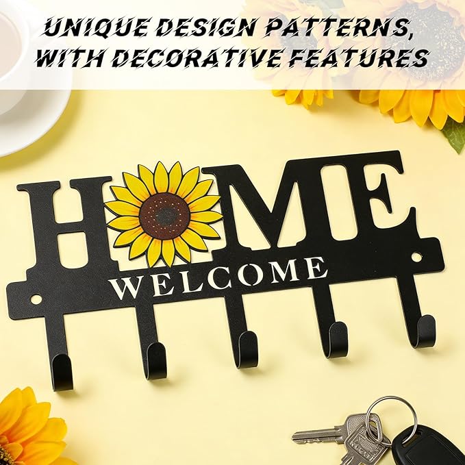 Key Holder Wall Mount Sunflower Metal Key Hooks Organizer Hanger Coat Rack with 5 Hooks Rustic Farmhouse Decorative Welcome H