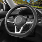 SEG Direct Flat Bottom Steering Wheel Cover, D Shaped Car Wheel Cover 14 1/2-15 in. (37-39 cm), Black Microfiber Leather