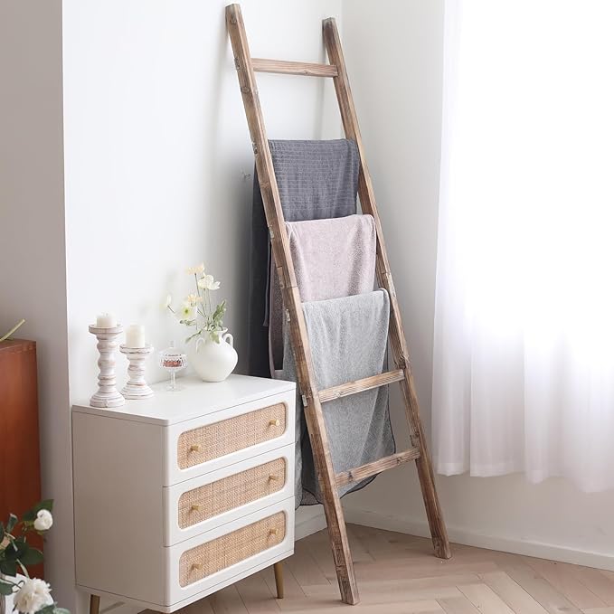 FUIN 6.4ft Extra Wide Wooden Blanket Ladder Living Room Decorative Wal Leaning Farmhouse Quilt Display Holder Rustic Wood Tow