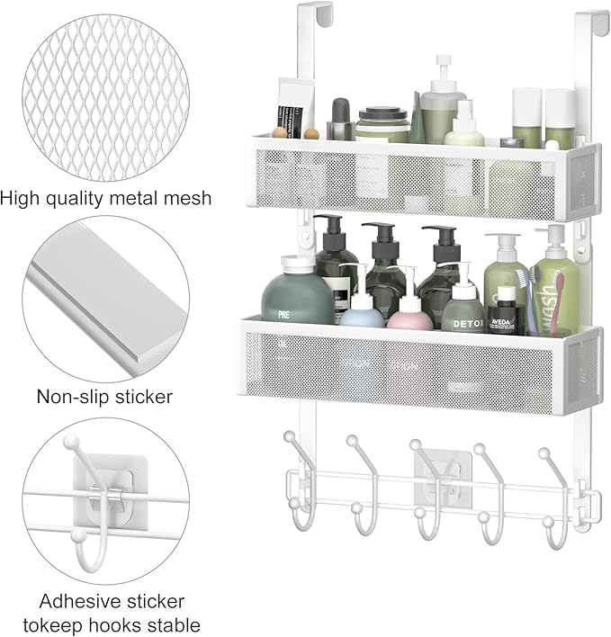 Adjustable Over The Door Hooks Organizer, Door Hanger Coat Rack with 2 Mesh Baskets and 10 Hooks, Back of Door Storage Organi