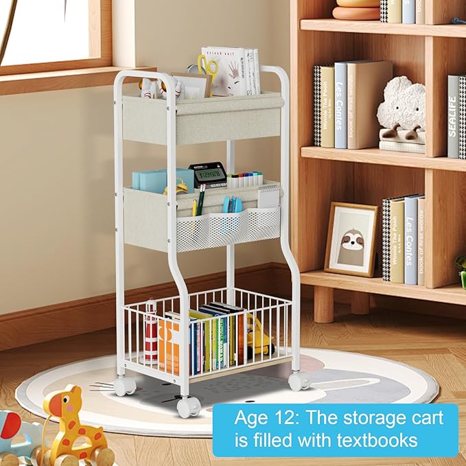 3-tier Baby Diaper Caddy Organizer and Storage Cart with 4+3 Dividers, Metal Utility Cart with Lockable Wheels for Nursery, B
