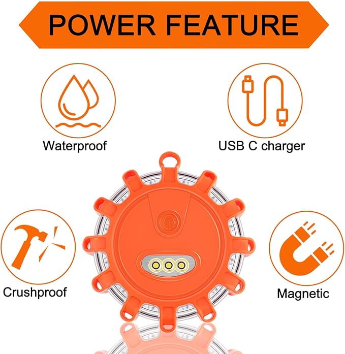 USB C Rechargeable LED Road Flares Emergency Lights with Magnetic Base, 9 Strobe Options Roadside Emergency Warning Car Safet