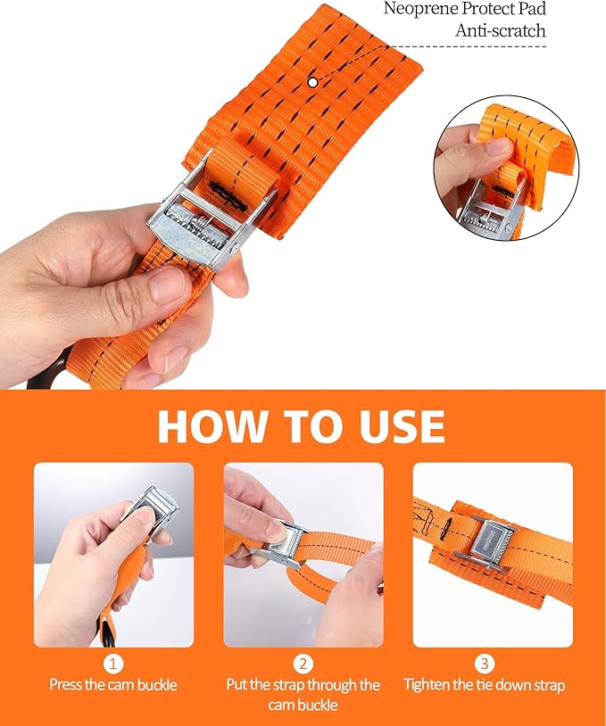 Upgraded 1'' x 8' Tie Down Straps, Cargo Roof Rack Strap Cam Buckle with Hooks, Heavy Duty Secure Strap, Orange - Pack of 2
