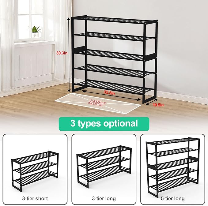 Jripae Shoe Rack Bamboo 5 Tier Shoe Organizer, Storage 20-25 Pairs for Closet Entryway, Stackable Large Tall Shoe Shelf Holde
