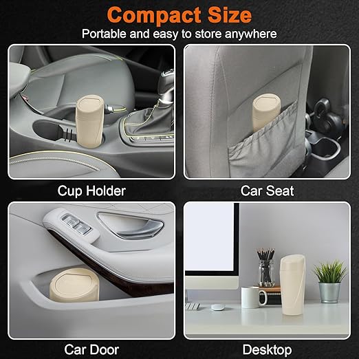 Car Trash Can, 2 Packs Mini Car Trash Bin with Lid, Leakproof Cup Holder Car Garbage Can with 60 Trash Bags, Vehicle Front Back Seat Organizers and Storage for Car, Home, Office, Beige