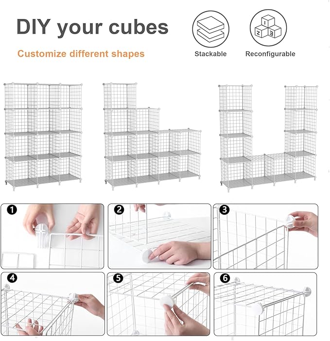 12-Cube Storage Organizer, Metal Wire Cube Shelving Unit, 11.8" L x 11.8" W x 11.8" H, Modular Grid Bookshelf for Closet, Bed