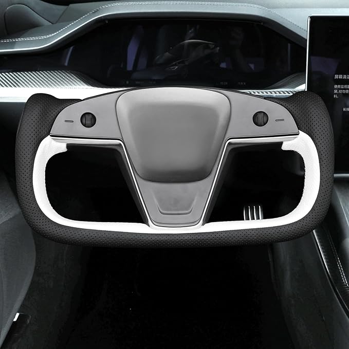 MEWANT Hand Stitched Tesla Model S Yoke Real Leather Steering Wheel Cover Wrap for Tesla Model S 2021-2023 / Model X 2021-2023 Tesla Yoke Steering Wheel Accessories(3D Style)