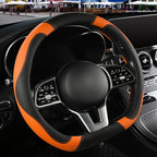 Microfiber Leather D Shaped Steering Wheel Cover, Breathable, Anti Slip, 13.5 inch to 14 inch, Black with Orange