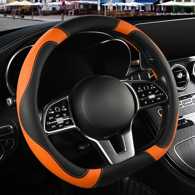 Microfiber Leather D Shaped Steering Wheel Cover, Breathable, Anti Slip, 13.5 inch to 14 inch, Black with Orange