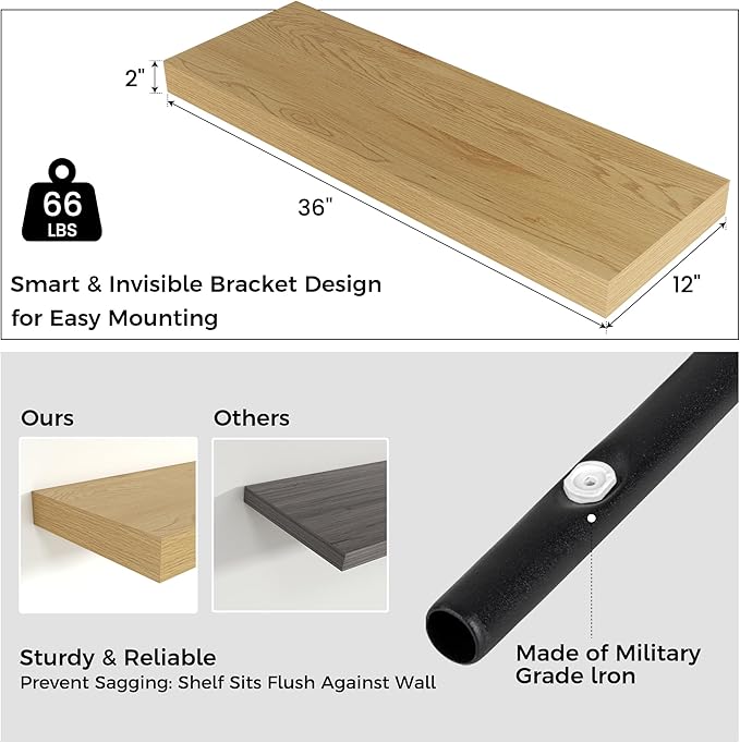 Floating Shelves for Wall, 36" W x 12" D x 2" H, 2 Pack of Long Wall Mounted Engineered Wood Shelves with Invisible Brackets 