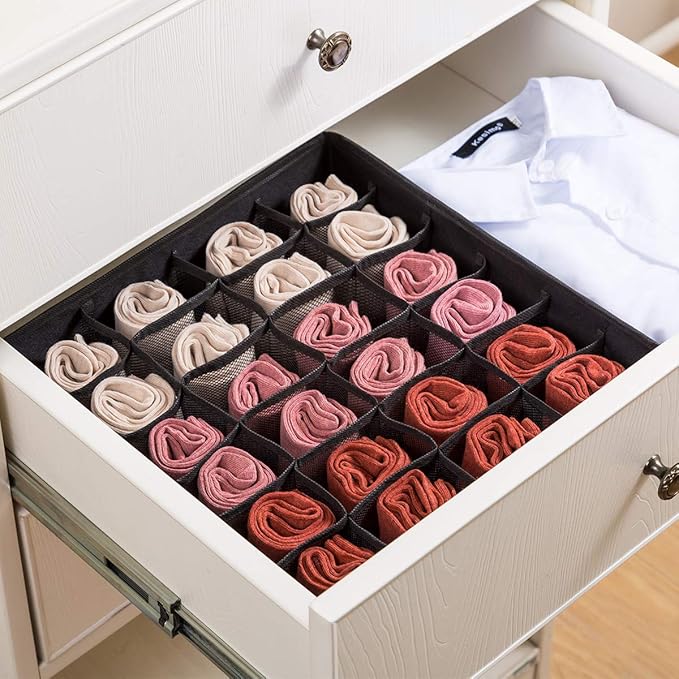 Qozary 2 Pack Socks Underwear Drawer Organizer Divider, 24 Cell or 16 Cell Collapsible Cabinet Closet Organizer Storage Boxes