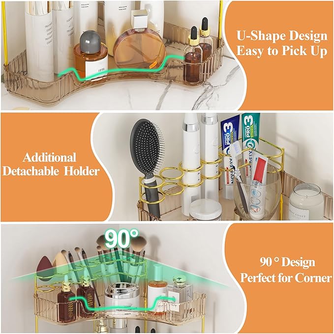 SUNZOS Corner Bathroom Counter Organizer, 3-Tier Countertop Perfume Tray Organizer with Makeup Brush Holder, Vanity Makeup Co
