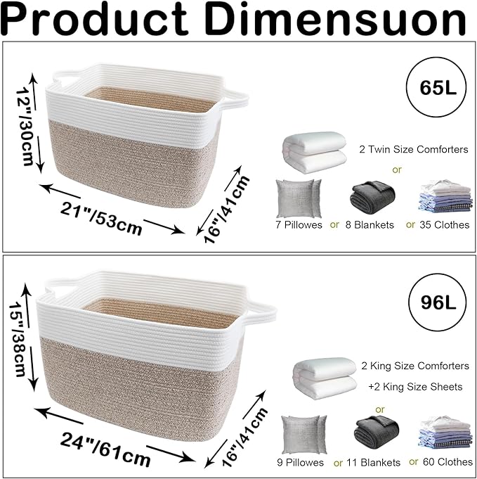 65L Large Blanket Basket,21"x16"x12" Rectangle Storage Bin with Handles,Woven Rope Laundry Basket for Toys, Clothes,Pillows,M