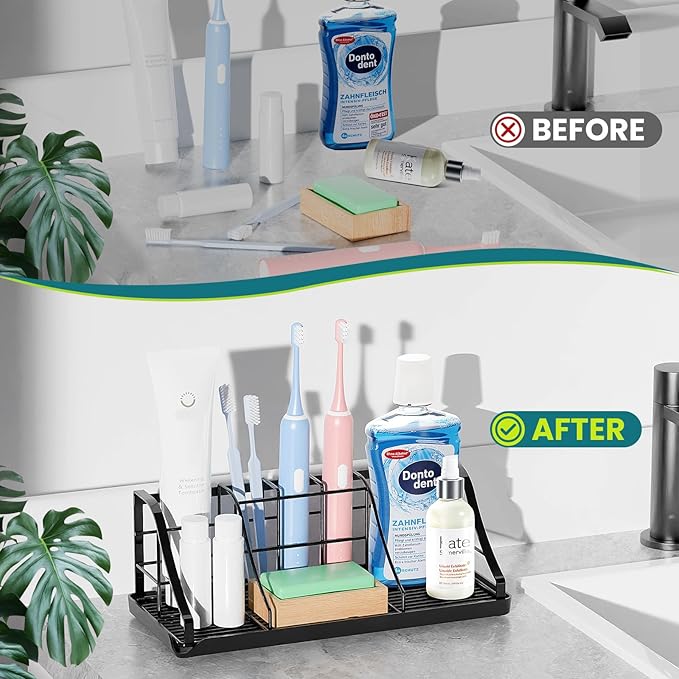 Bathroom Countertop Organizer - Detachable 7 Slots Kids Electric Black Toothbrush and Toothpaste Holder Drainage Tray for Bat