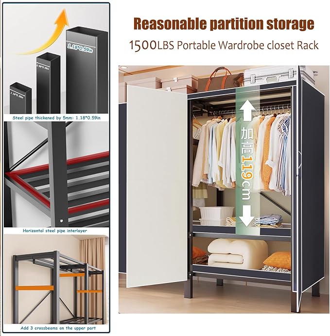 YTLEMON Heavy Duty Clothes Rack with Magnetic Door, Metal Foldable Covered Clothes Rack, Portable Wardroobe Closet System for