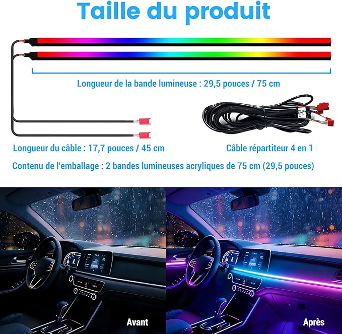 Dream Color Acrylic Interior Car Lights, 2 Pieces 75cm/29.5inch 128 Colorful Car LED Strip Light RGB Fiber Optic Rainbow Ambient Lighting bar, Universal Decoration Dynamic Atmosphere Neon Lights