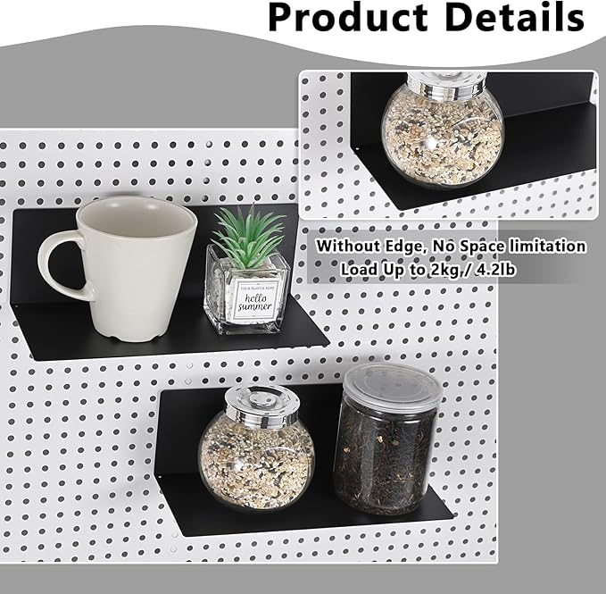 Kokone 6 Pack Magnetic Pegboard Shelves for Storing or Displaying, 10x4.3 Inch Flat Display Shelves for Pegboard, Wall Pegboa