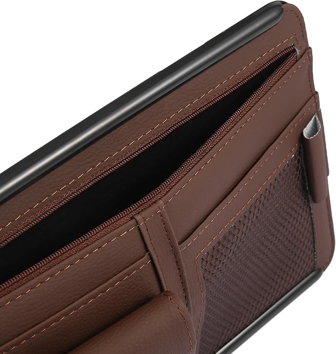 X AUTOHAUX Brown Universal Car Sun Visor Organizer Sunglasses Case Storage Pocket Hook and Loop Tape ABS PU Leather for SUV RV Truck