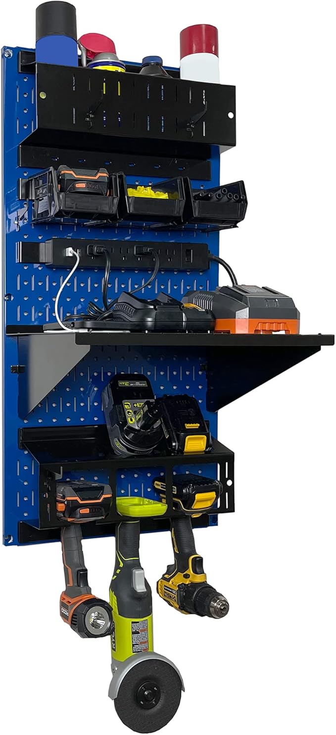 Wall Control Power Tool Storage Organizer Kit Cordless Drill Holder Charging Station Rack 16” x 32” Metal Pegboard Organizati