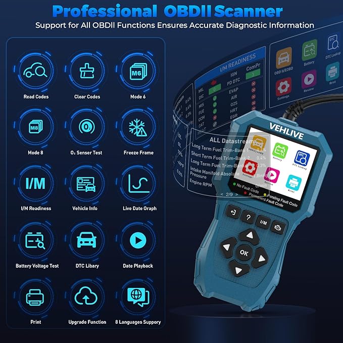 OBD2 Scanner Diagnostic Tool, Check Engine Light Car Code Reader with Reset, Battery Tester, Live Data, Freeze Frame, I/M