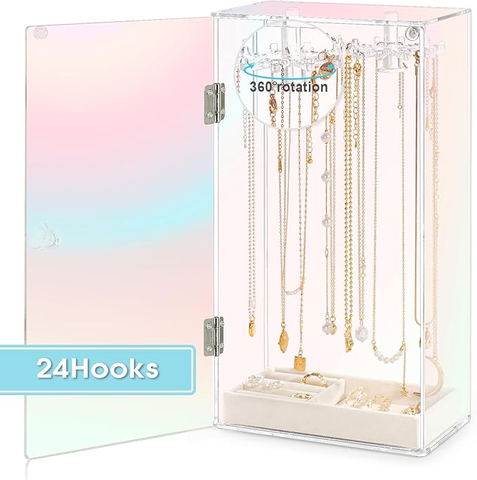 Cirhy Iridescent Acrylic Necklace Holder, Necklace Organizer with 24 Rotatable Hooks, Rainbow Jewelry Organizer Display Box w