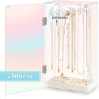 Cirhy Iridescent Acrylic Necklace Holder, Necklace Organizer with 24 Rotatable Hooks, Rainbow Jewelry Organizer Display Box w
