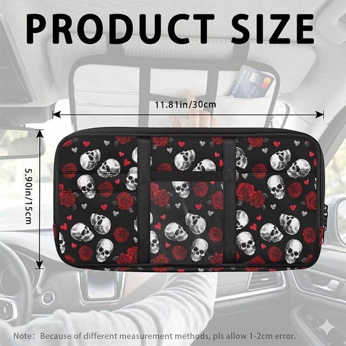Skull Zippered Sun Visor Car Document Organizer with Adjustable Straps Car Visor Organizer with Pocket Storage and Picture Holder Easy Installation Universal Fit for Most Cars SUV