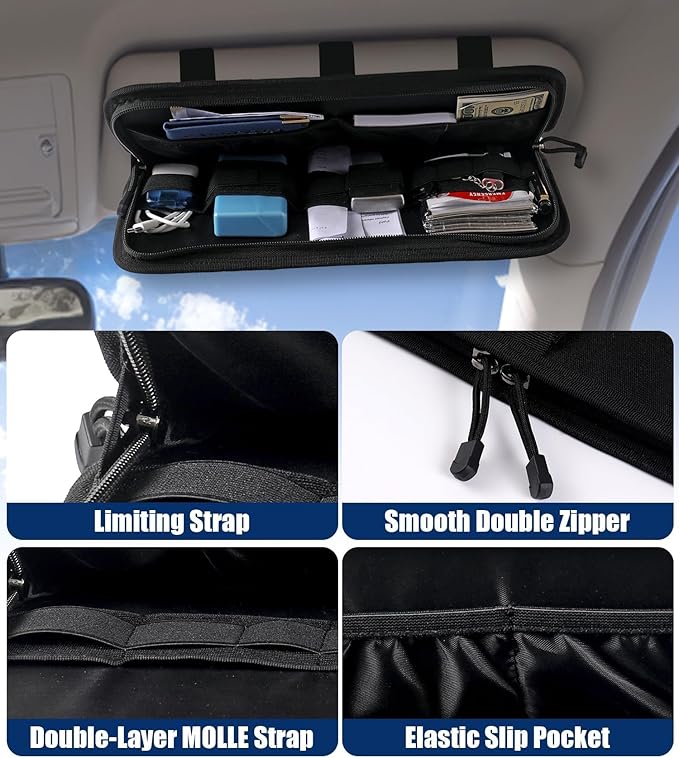 Semi-Rigid Car Sun Visor Organizer, Molle Panel Vehicle Storage with Zipper Pouch for Tactical Gears, Fits Cars, SUVs & Trucks