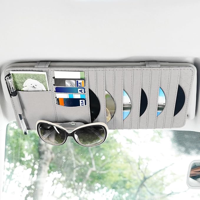 alpmosn Sun Visor CD Case Holder for Car - Multi-Function Visor Organizer with CD/DVD Storage, Eyeglass Clip, Card Slots & Pen Holder, Durable Leather Car Accessories (Grey)