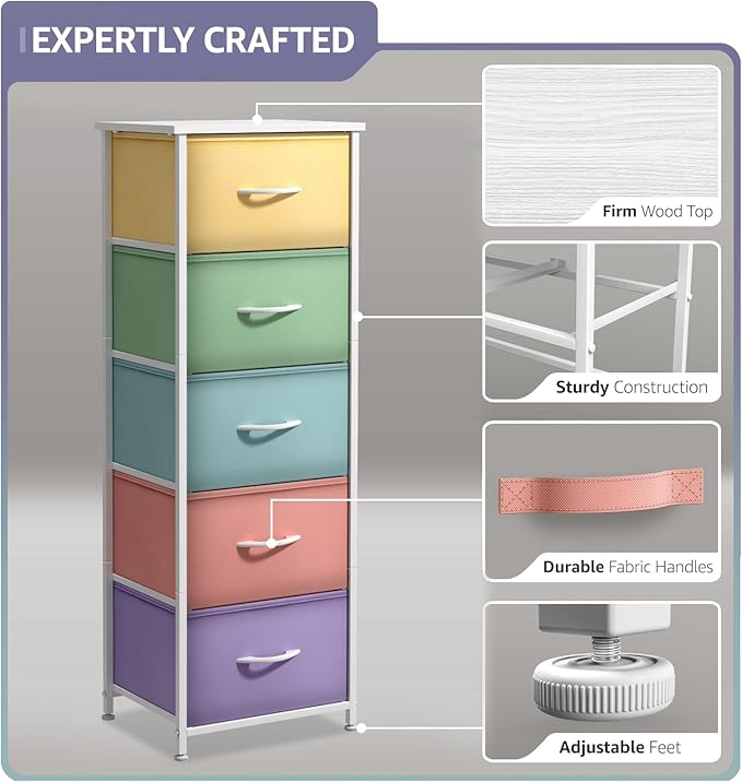 Sorbus Fabric Dresser for Kids Bedroom - Chest of 5 Drawers, Tall Storage Tower, Clothing Organizer, for Closet, for Playroom