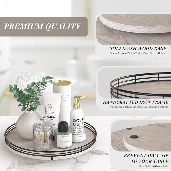 13" Oak Bathroom Vanity Tray Turntable for Perfume Candle, Round Wooden Decorative Tray for Kitchen Sink Countertop Organizer