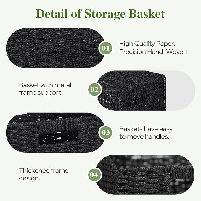 Woven Wicker Storage Baskets 4-Pack, 11x11 Handwoven Paper Rope Organizer Bins, Foldable Cube Storage Cubes with Built-in Han