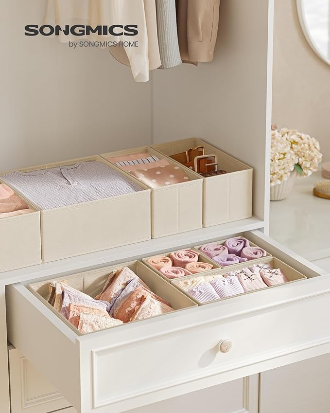 SONGMICS Drawer Organizers, Dresser Divider Organizers, Set of 12, Foldable Fabric Storage Boxes for Socks, Underwear, Bras, 