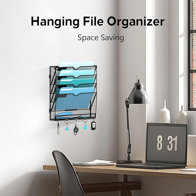 5 Tier Wall File Organizer - Hanging File Organizer with 5 Hooks, Mail Holder Wall Mounted for Papers, Folders, Magazines, Bi