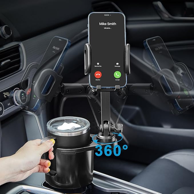 Cup Holder Phone Mount, 2 in 1 Cup Holder Expander for Car Long Arm with 360°Rotation Cup Holder Cell Phone Holder for Car Co
