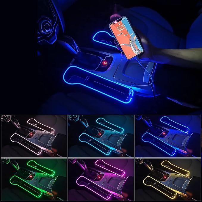 7 Color Led Car Seat Gap Organizer with 56W Fast Charger Car Console Organizer with Cup Holder Front Seat Gap Filler with USB Between Seat Cup Holder fit for Android iPhone (Black)