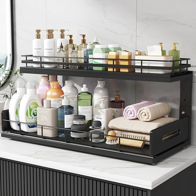 Under Sink Organizer Upgrade To Professional Rails,2-Tier Dual Pull Out Cabinet Storage,Height Adjustable Slide Out Drawers F